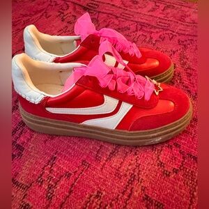 Steve Madden Red Sneakers with White Stripes and Pink Ribbon Laces